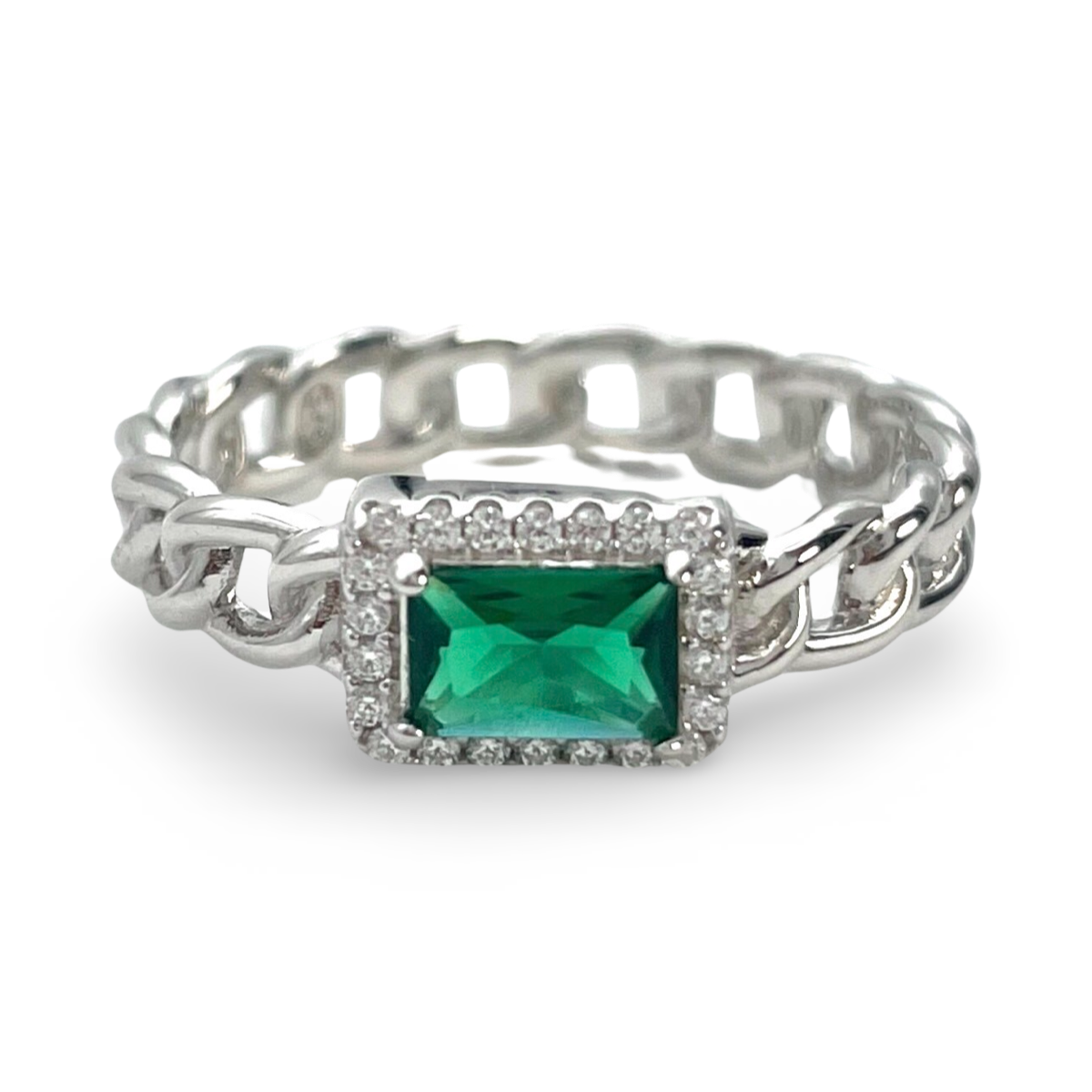 Silver Braided ring with green zircon