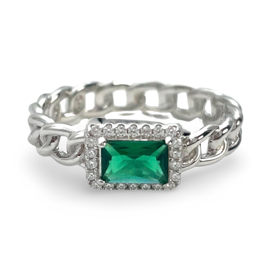 Silver Braided ring with green zircon