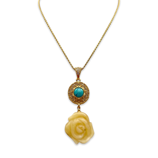 Gold plated necklace with amber rose and turquoise