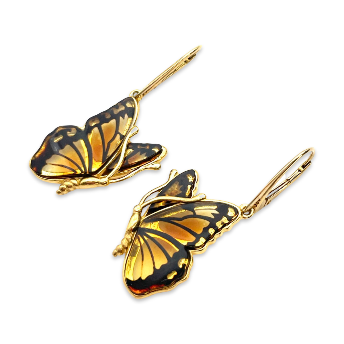 Gold-plated amber earrings Butterfly